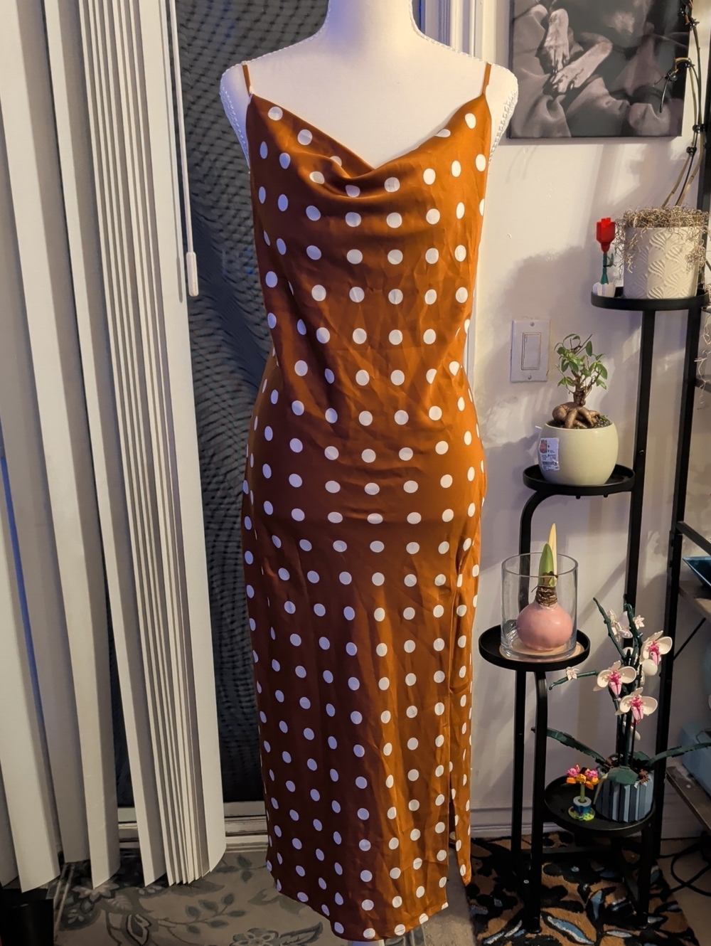 Petal And Pup Polka Dot Cowl Neck Slip Dress in Brown, Size 8